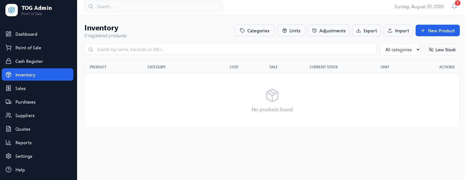 Dashboard de TOG Admin POS