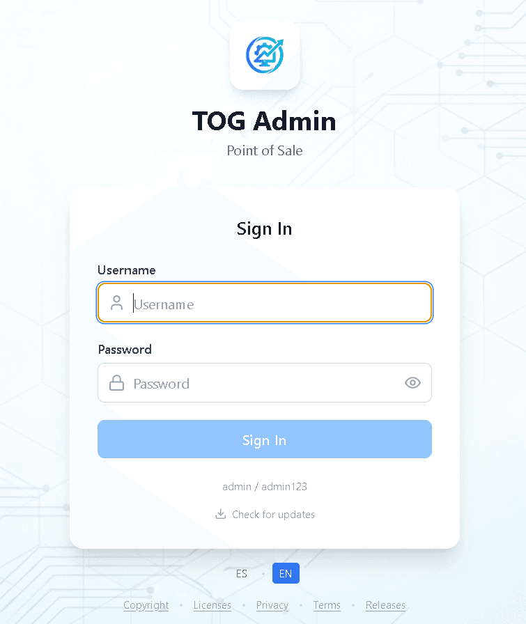 Pantalla de login de TOG Admin POS